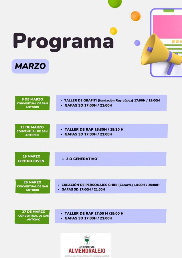 Domingo Cruz presenta una programación juvenil para marzo en el Centro Cultural San Antonio