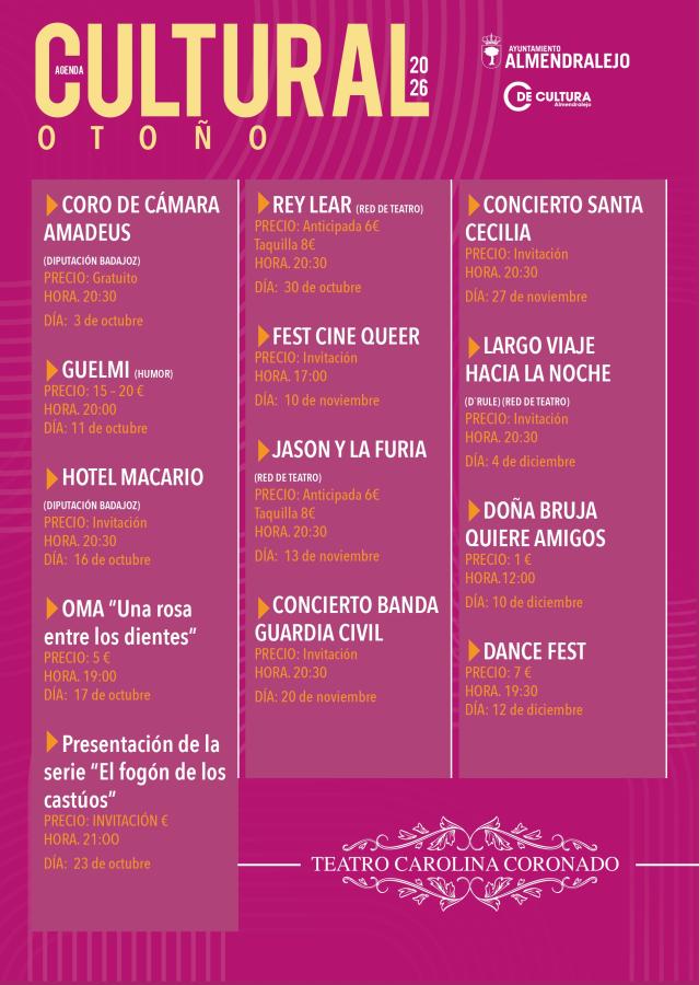 Teatro, música, humor, cine y danza protagonizan la Programación Cultural de Otoño 2026 del Teatro Carolina Coronado